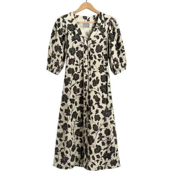 NEW Zimmermann S Lovestruck Floral 100% LINEN Midi Dress Puff Sleeve Black Tan 0 - Picture 2 of 13